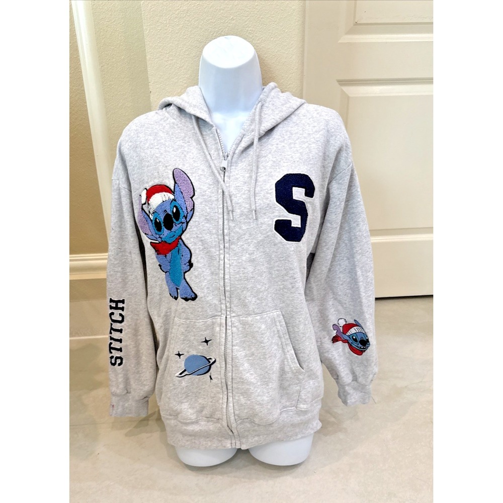 Disney Stitch Grey Embroidered Hooded full zip Sweatshirt Woaman  Sz L *See